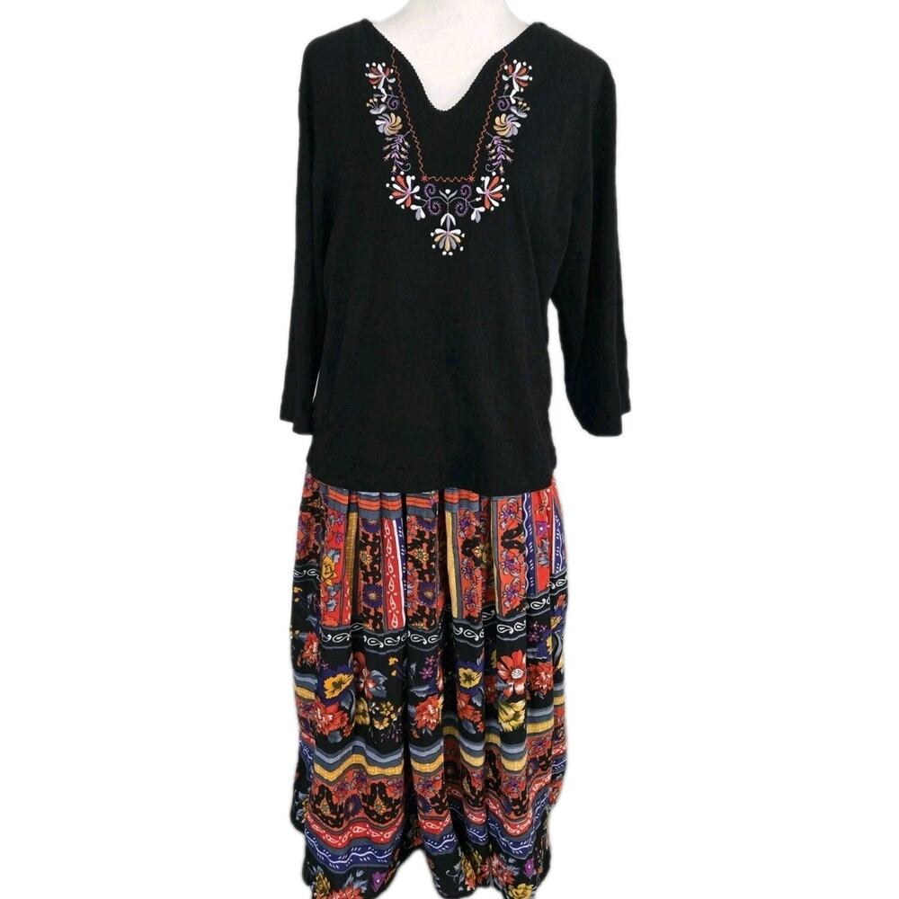 Vtg 90s Phool Boho Art To Wear Broomstick Floral Skirt & Embroidered Blouse Sz M